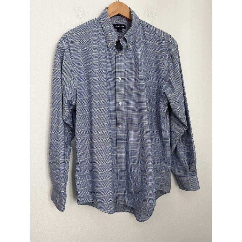 Lands End Button Up Shirt Supima No Iron Oxford Plaid Mens Size L 16-16.5” Blue